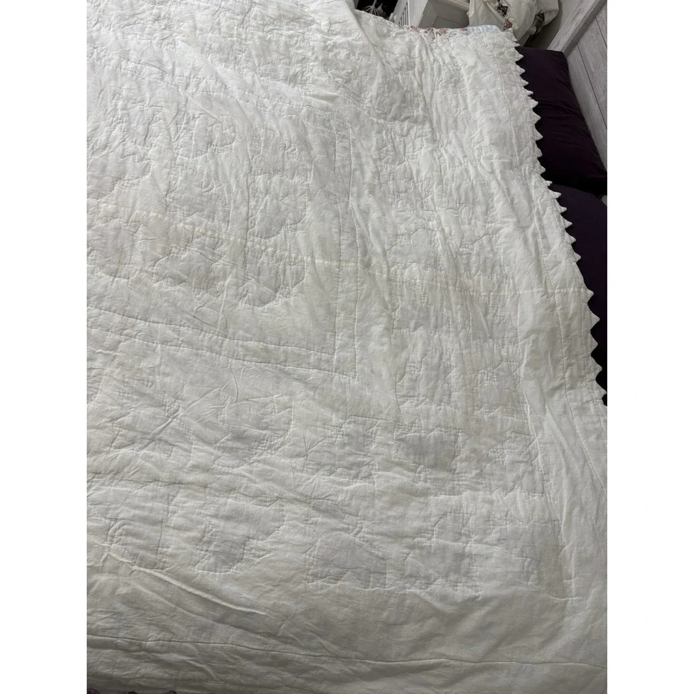 Vtn Handmade Quilt Full Leaves 100% Cotton Cream Sage With Two Shams‎ 76